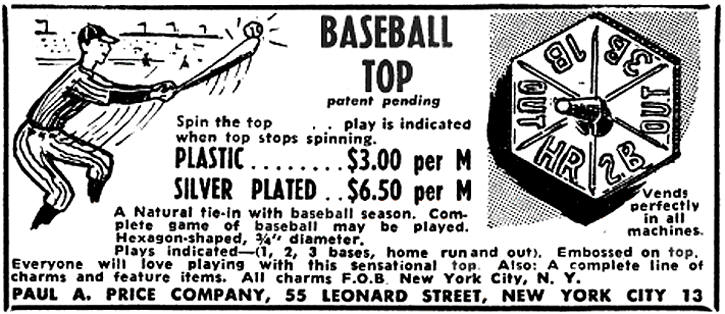 1952 Vending Machine Baseball Top Game