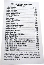 1958 Dodger Souvenir Price List