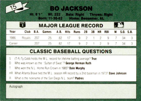 1987 Classic Baseball board Game  Bo Jackson card 15