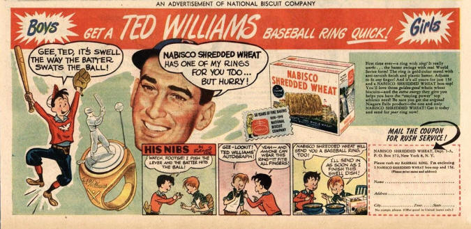 1948 Ted Williams Nabisco Premium Baseball Ring Newspaper ad