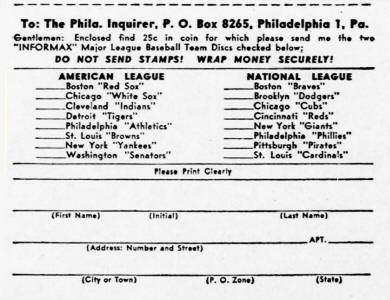 1951 Newspaper order form Baseball Informax Discs