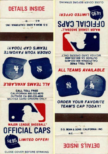 Major League Baseball Official Caps Offer Matchbook Cover