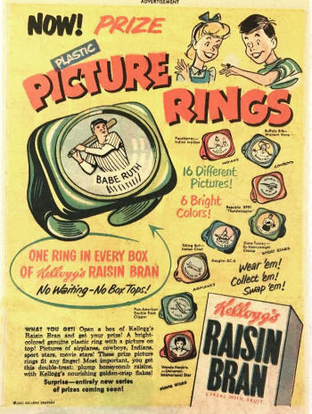 Kellogg's Raisin Brand Cereal Babe Ruth Picture Ring