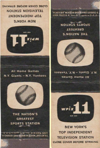 1951-1957 WPIX New York Matchbook Yankees Giants