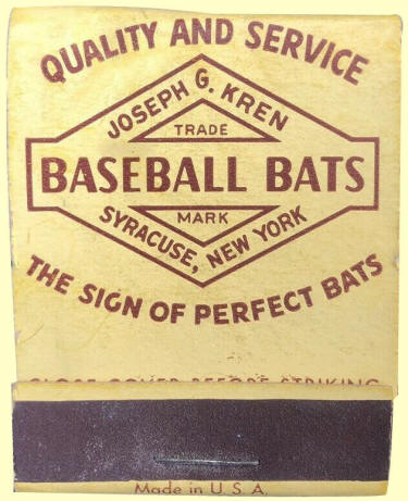 Joseph G. Kren Baseball Bats Adverting Matchbook