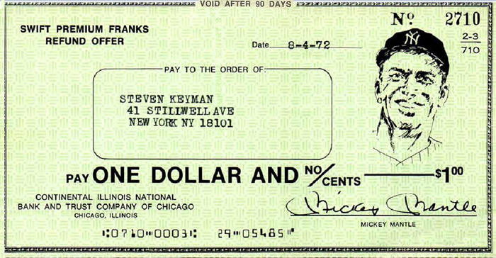 1972 Swift Premium Franks Mickey Mantle Refund Offer