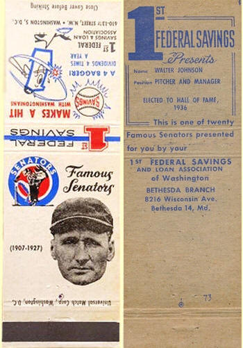 1959 1st Federal Savings Famous Senators Baseball Series Matchbooks
