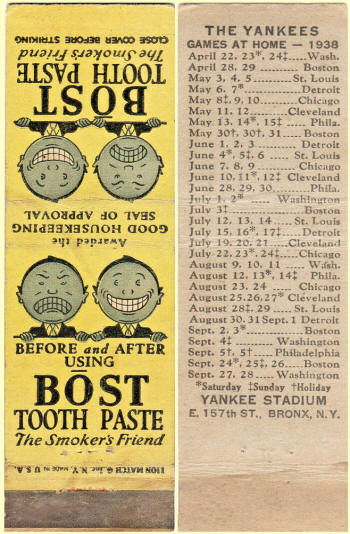 1938 Boost Tooth Paste Yankee Schedule Matchbook