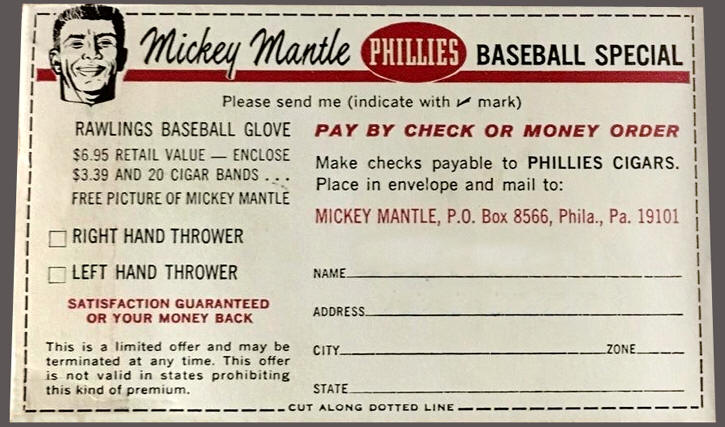 Back Panel Phillies Cigars pack Mickey Mantle Glove Offer