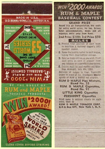 1953 World Series Rum & Maple Baseball Comtest Matchbook