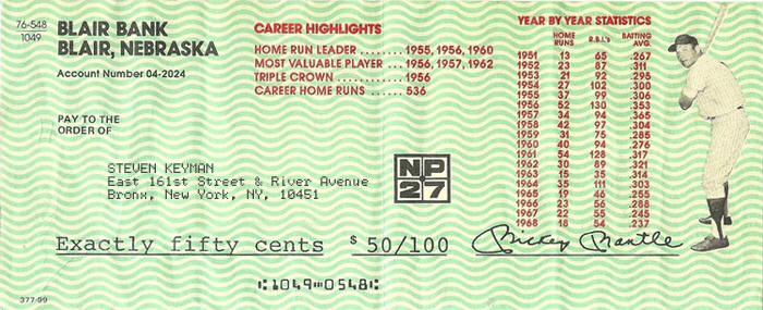 1975 Norwich Np-2 Mickey Mantle .50 Refund Check 