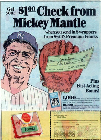 1972 Swift Premium Franks Mickey Mantle $1.00 Refund Check Advertisement