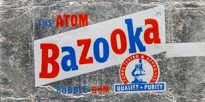 Red, white and blue foil wrappers from penny Bazooka-the Atom Bubble Gum. 