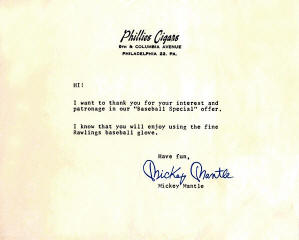 Thank you letter with a Mickey Mantle Facsimile signature.