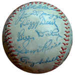 Autographed HOF souvenir baseball Joe DiMaggio, Dizzy Dean, Bill Dickey