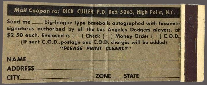 Dick Culler Autograph Ball Co. Matchbook Coupon