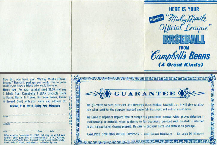 Mickey Mantle Campbell's Soup Official Baseball Redemption Form