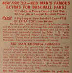 Back of 1953 Red Man Tobacco baseball card