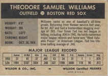 Back of 1954 Wilson Franks baseball card