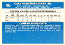 Back of 1982 Donruss Card 405 Cal Ripken Jr