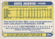 Back of 1987 Topps Traded Card 70T Greg Maddux