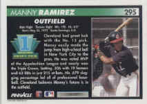 Back of 1992 PinnacleCard number 295 Manny Ramirez RC