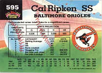 Back of 1992 Stadium ClubCard 595 Cal Ripken Jr. MC