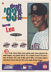 Back of 1994 ScoreCard number 585 Derrek Lee RC
