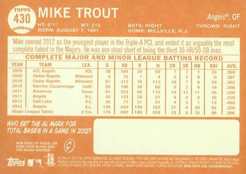  2013 Topps Heritage Baseball Card 430 Mike Trout