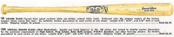 1963 H&B No. 150 Grand Slam Baseball Bat