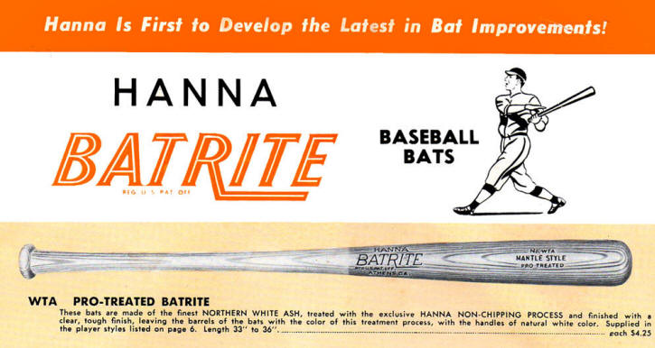 1957 Hanna Batrite Catalog Mickey Mantle No. WTA baseball Bat