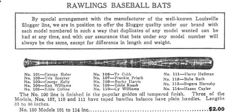 1927 Rawlings catalog Professional No. 100 Series Baseball Bat