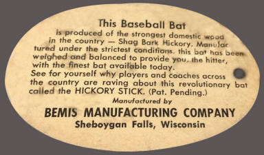 Bemis Manufacturing Co.  Hickory Stick Baseball Bat Tag