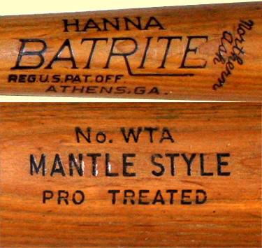 Mickey Mantle Hanna Batrite No. WTA Baseball Bat 