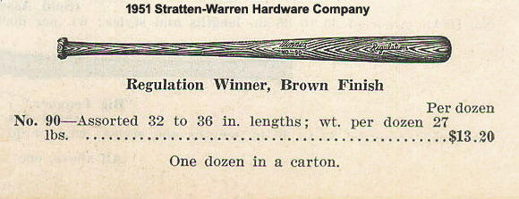 1951 Stratten-Warren Hardware Company catalog Winner No. 90 Regulation bat