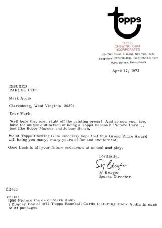 1971 Topps Winner's Packing Letter