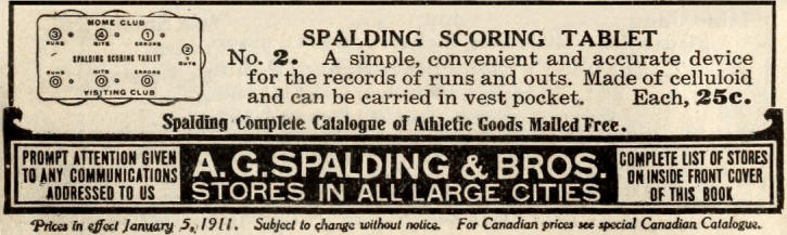 Spalding Celluloid Baseball Scoring Tablet No. 2