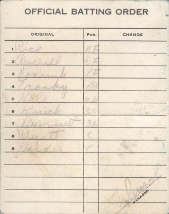 1933 Walter Johnson Manager Sportsman's Park Official Batting Order Lineup Card