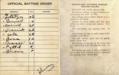 1933 Walter Johnson Manager Cleveland Stadiun Official Batting Order Lineup Card