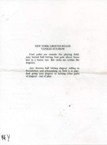1996 New York Official Batting Order Card Back Ground Rules