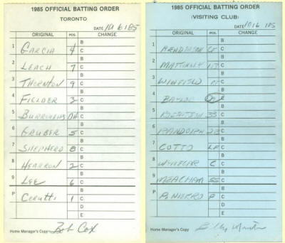 October 6, 1985 Official Batting Order Cards Exhibition Stadium Phil Niekro's 300th Win