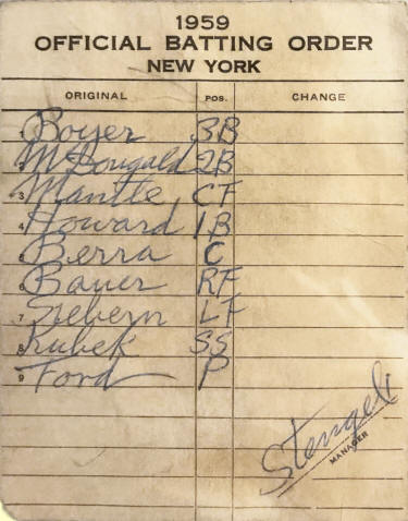 1959 New York Yankees Official Batting Order Lineup Card