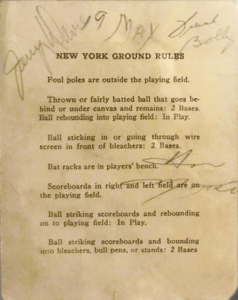 1959 New York Yankees Official Batting Order Lineup Card Ground Rules Back