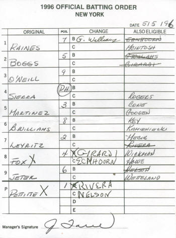 May 5, 1996 New York Yankee Stadium Official Batting Order Card