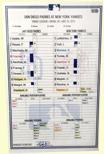 2019 Padres vs Yankees Dougout Card