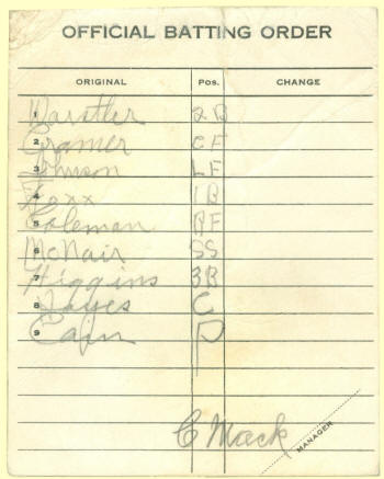 May 21, 1934 Philadelphia Athletics Connie Mack Sportsman's Park Official Batting Order Card