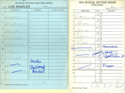 1974 World Series Game 3 Oakland Coliseum Official Batting Order Cards
