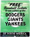 1957 Free Baseball Tickets Dodgers Giants Yankees Advertising Matchbook Postcard