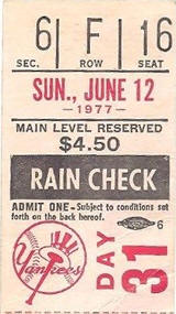 Yankees Bat Day June 12, 1977 ticket stub