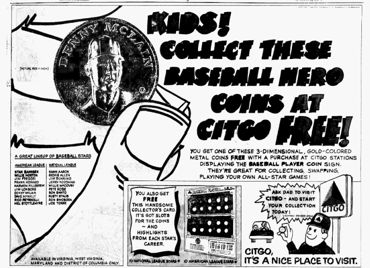  1969 Citgo Baseball Player Coins Ad